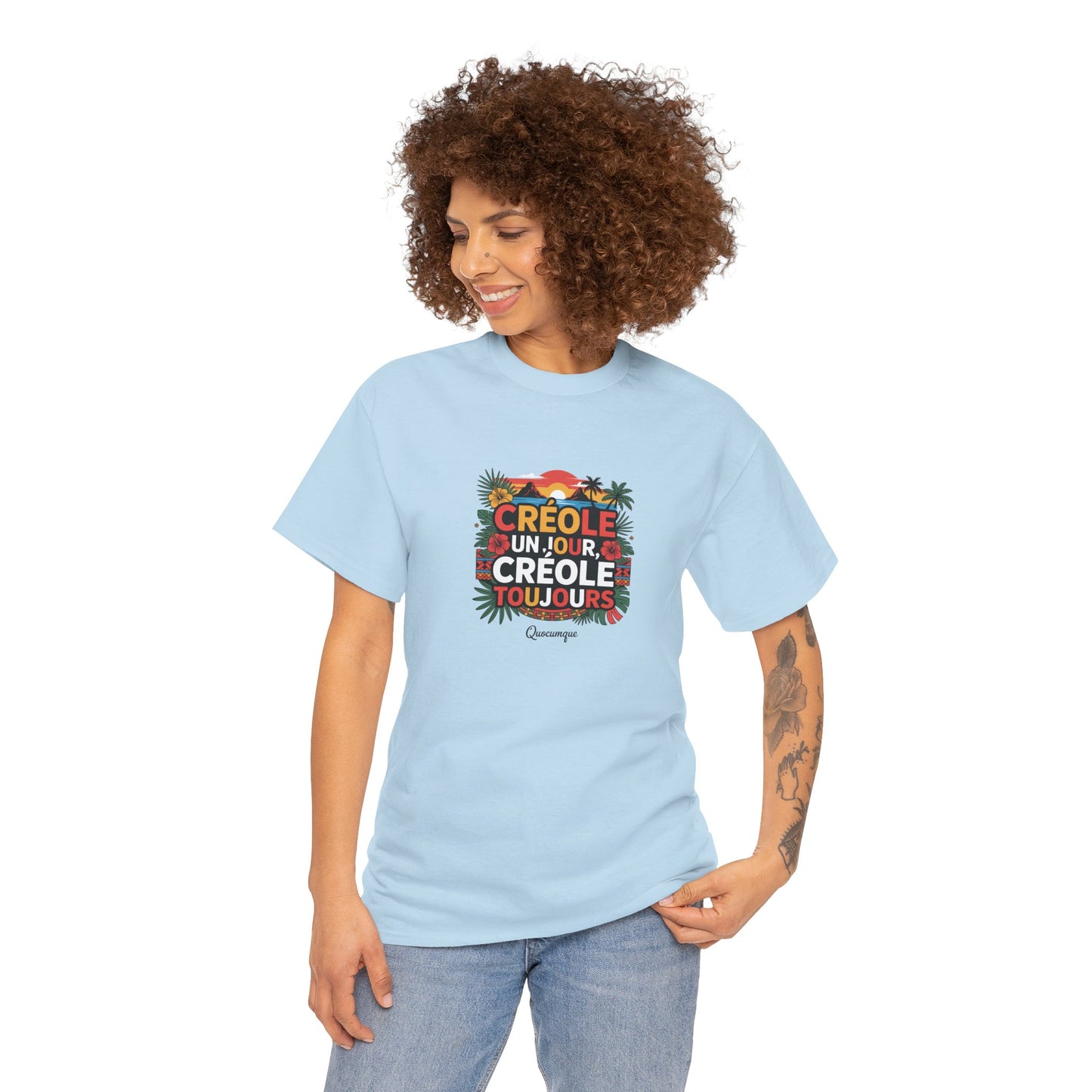 T-shirt Quocumque "Créole" Île de La Réunion", Confort Coton, Sobre, Elégant, Souvenir Unique, Cadeau, Unisexe, Esprit Voyageur