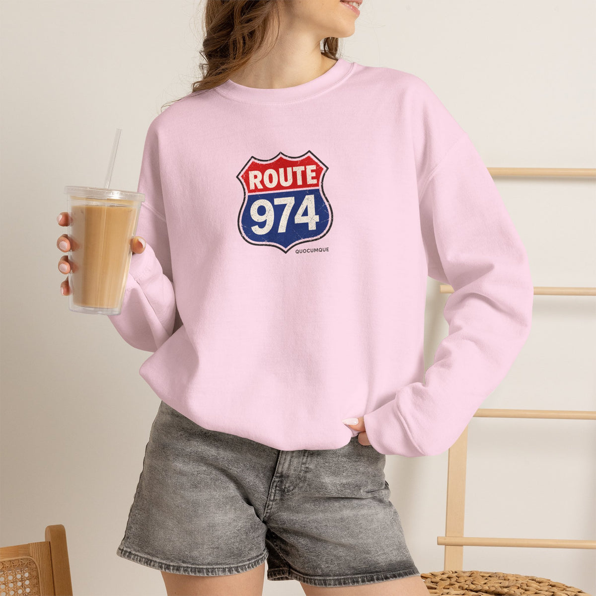 Sweat Quocumque "Route 974", Exotique, Destination Île De La Réunion, Adulte, Homme, Femme, Sportive, Sportif, Décontracté, Drapeau Régional