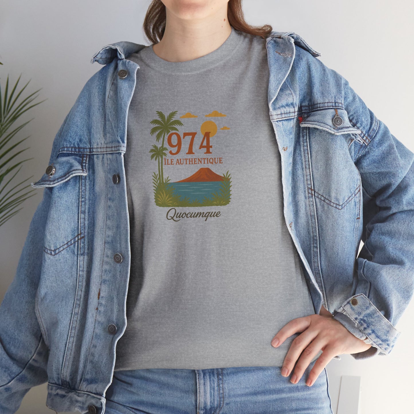 T-shirt "974 Île Authentique", Exotisme, Destination Île de La Réunion, Confort Coton, Sobre, Elégant, Souvenir Unique, Cadeau, Unisexe, Esprit Voyageur