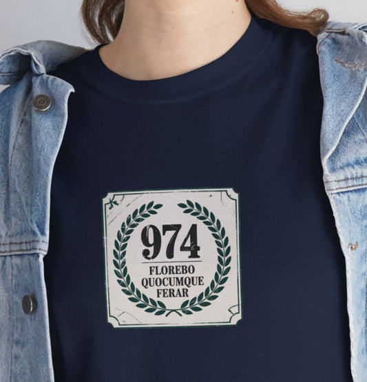 T-shirt "974 Florebo Quocumque Ferar",Île de La Réunion, Confort Coton, Sobre, Elégant, Souvenir Unique, Cadeau, Unisexe, Esprit Voyageur, Adulte