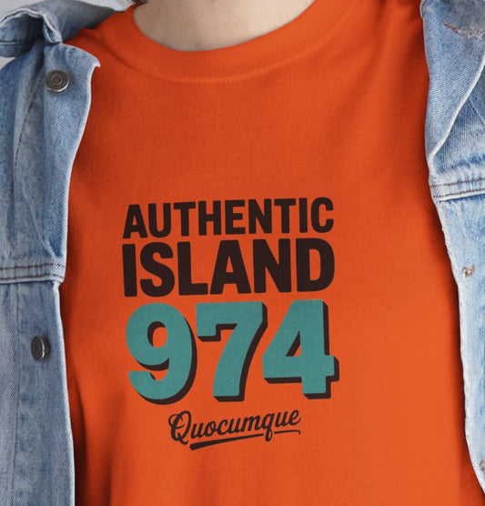 T-shirt " 974 Authentic Island ", Exotisme, Destination Île de La Réunion, Confort Coton, Sobre, Elégant, Souvenir Unique, Cadeau, Unisexe, Esprit Voyageur