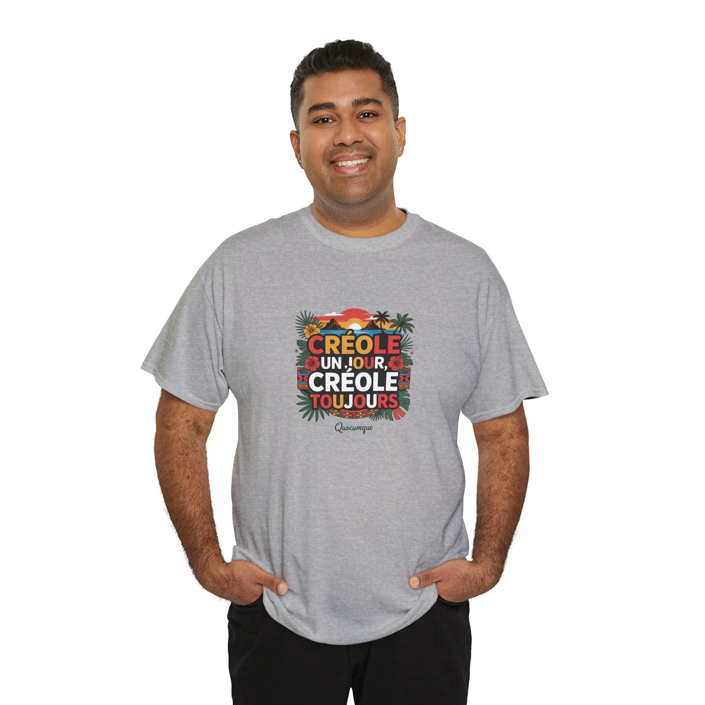 T-shirt Quocumque "Créole" Île de La Réunion", Confort Coton, Sobre, Elégant, Souvenir Unique, Cadeau, Unisexe, Esprit Voyageur