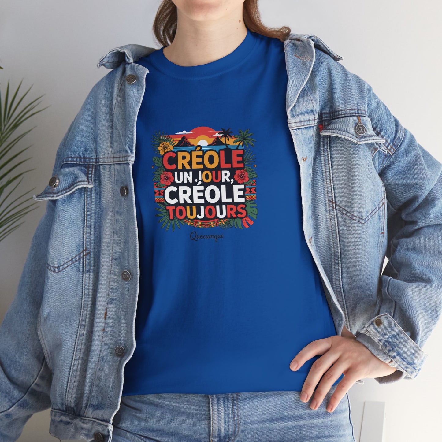 T-shirt Quocumque "Créole" Île de La Réunion", Confort Coton, Sobre, Elégant, Souvenir Unique, Cadeau, Unisexe, Esprit Voyageur